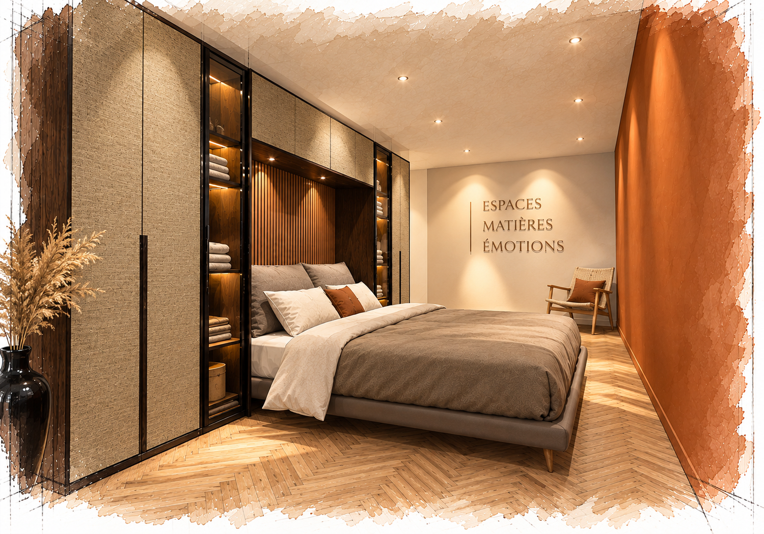 Chambre à coucher moderne avec un lit douillet, murs en bois, étagères avec des serviettes, et une chaise en bois. Mur blanc avec inscription en français : 'ESPACES MATIÈRES ÉMOTIONS'. Sol en parquet.