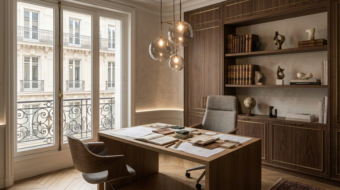 Un bureau élégant avec une grande fenêtre, un bureau en bois, une chaise en tissu gris, et une bibliothèque en bois avec des livres et des décorations.