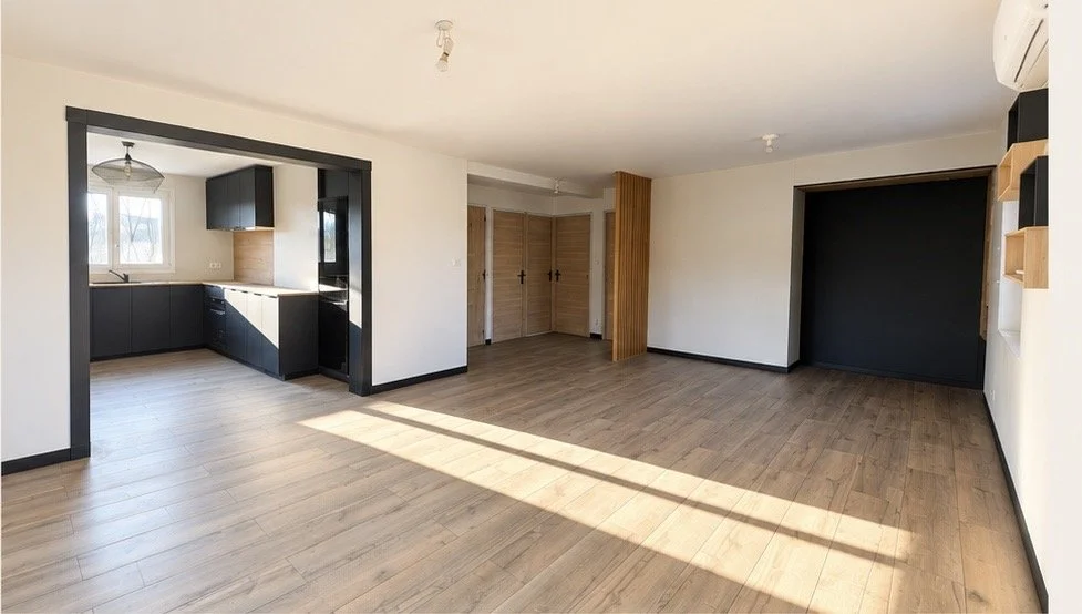 Un intérieur lumineux avec un salon et une cuisine séparée, murs blancs, plancher en bois clair, fenêtres laissant entrer la lumière naturelle, portes en bois, étagères en bois.