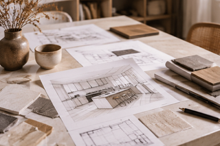 Table de travail avec des plans architecturaux, livres, échantillons, et outils de dessin.