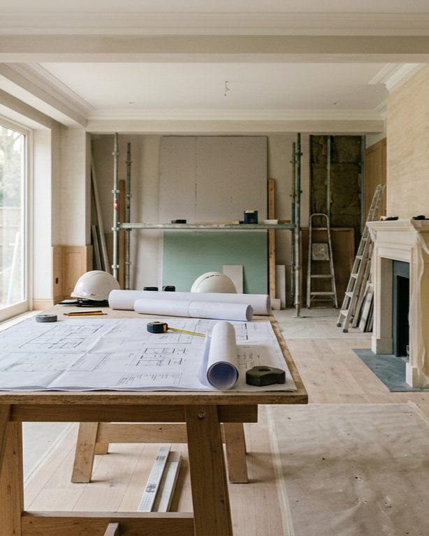 Intérieur d'une pièce en rénovation avec des plans, casque de sécurité et outils sur une table en bois, échelle, murs en cours de finition et fenêtres laissant entrer la lumière naturelle.
