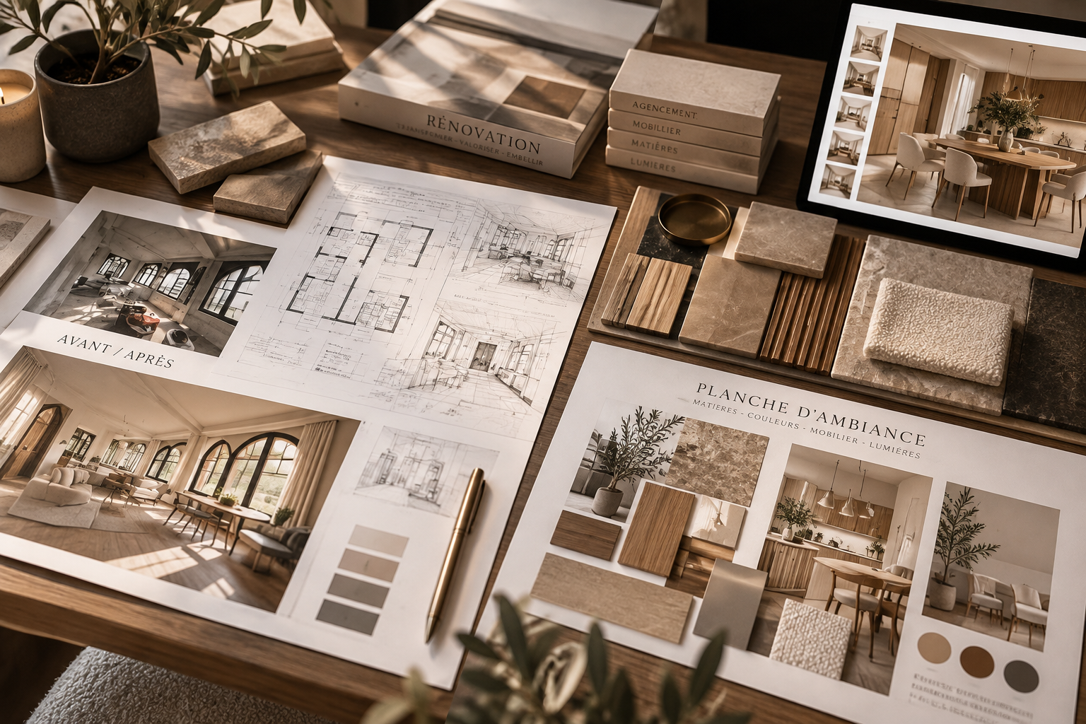 Table de design intérieur avec échantillons de matériaux, plans d'architecture, et images d'aménagement, incluant des livres sur la rénovation, une tablette affichant une salle à manger moderne, et des accessoires décoratifs.