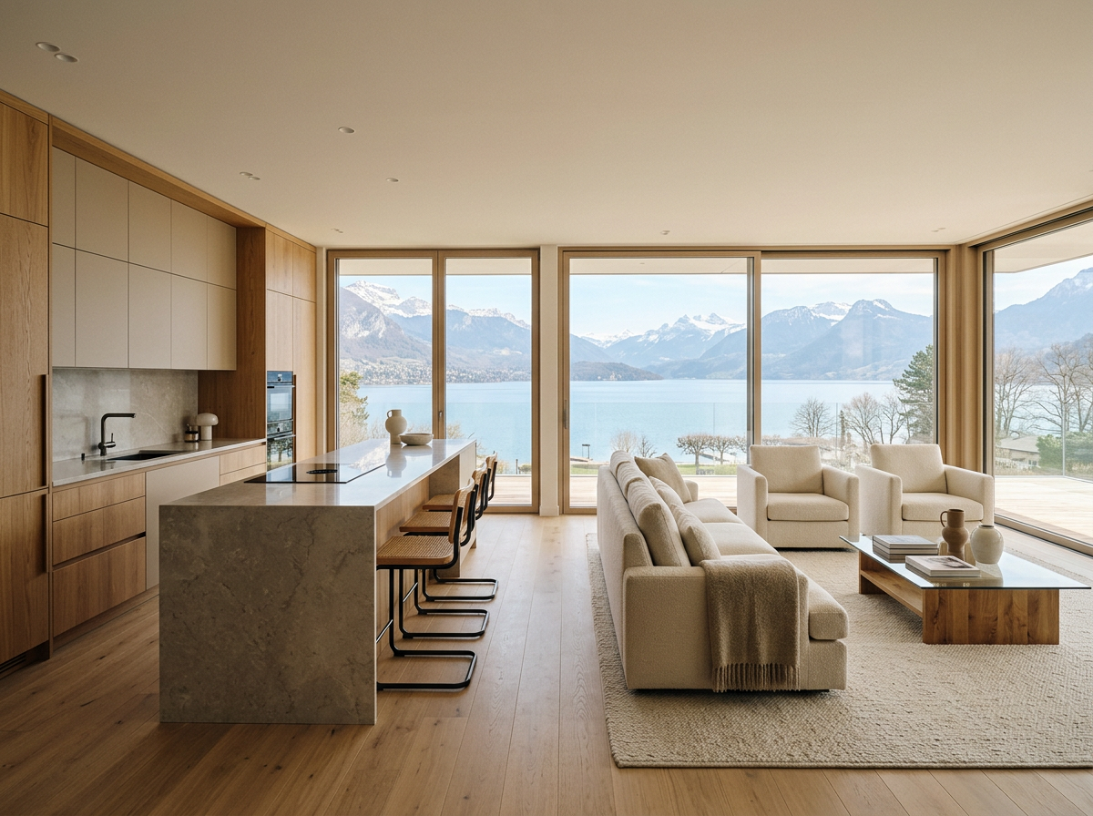 Salon et cuisine modernes avec vue panoramique sur un lac et des montagnes enneigées, mobilier en bois clair, canapé beige, table basse avec livres et vases.