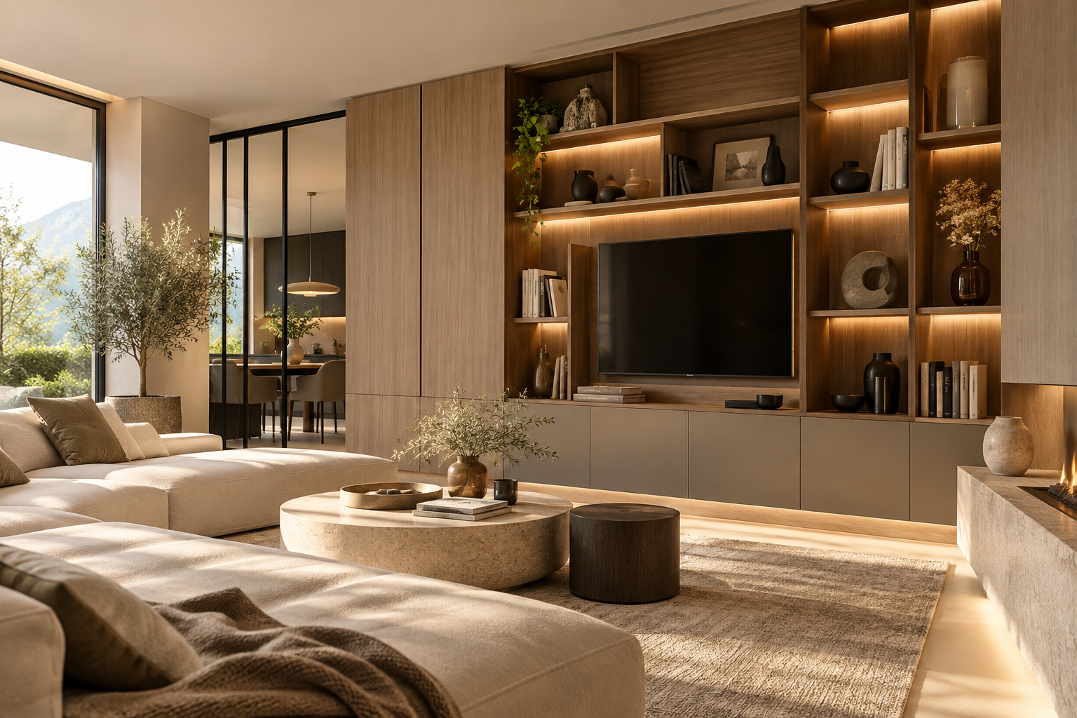 Salon moderne avec canapé beige, table basse en pierre, étagère en bois avec télévision, décor minimaliste, grande fenêtre offrant une vue sur la nature.