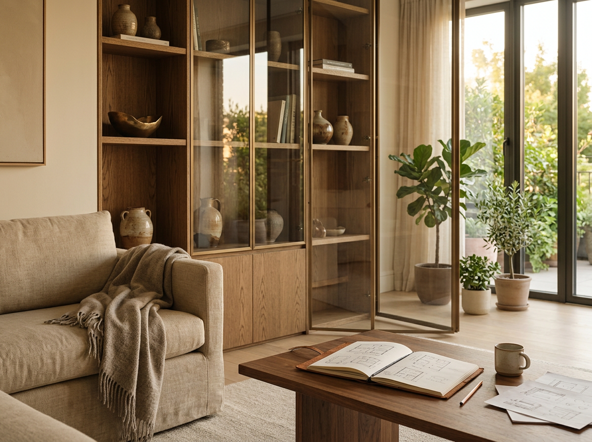 Salon intérieur avec canapé beige, plaid, table en bois avec plans d'architecture, et étagère en bois derrière avec des vases et des livres. Balcon avec plantes en pot visible à travers une grande fenêtre en verre.