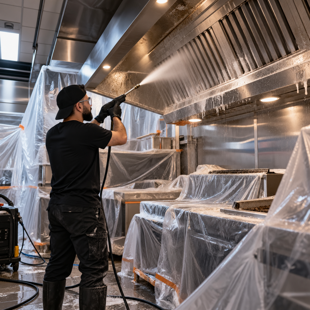 Technicien réalisant le nettoyage et le dégraissage d’une hotte de cuisine professionnelle.