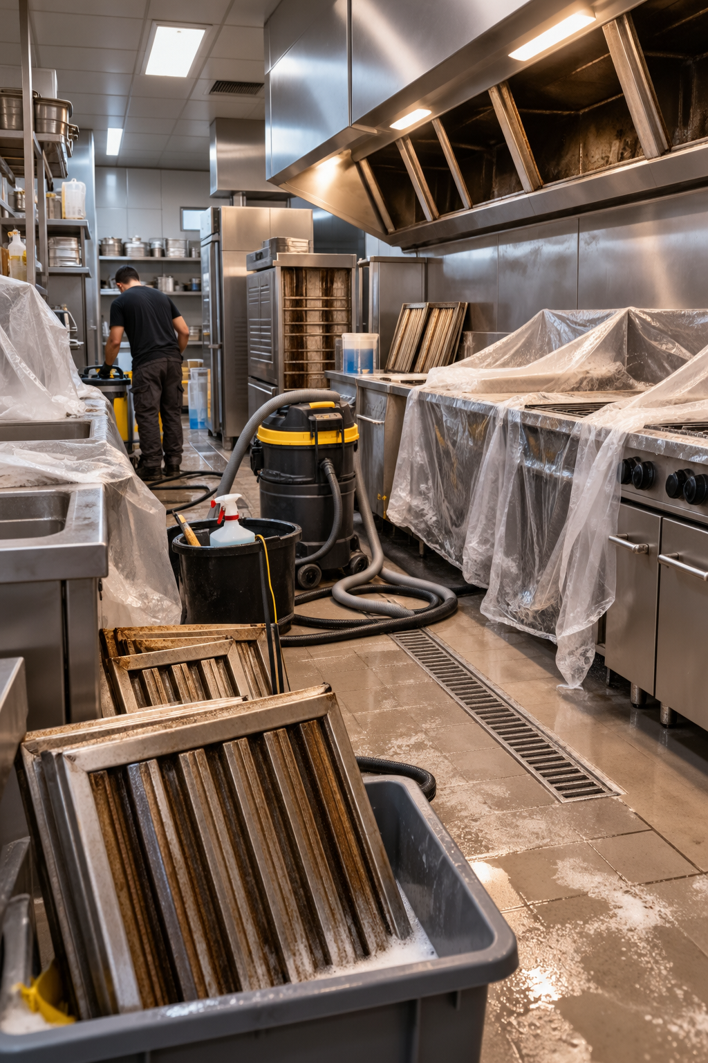 Intervention de nettoyage en profondeur dans une cuisine professionnelle avec équipements protégés.