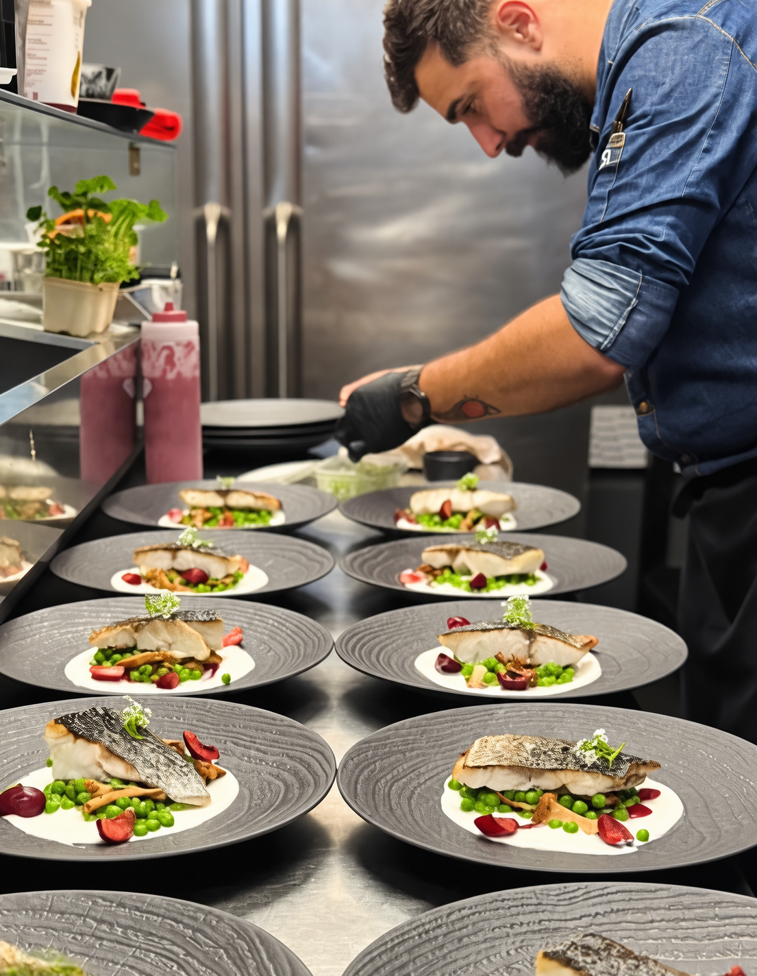 Sauny, fondateur de SO HOTTE et ancien cuisinier professionnel, lors du dressage d’assiettes en cuisine.