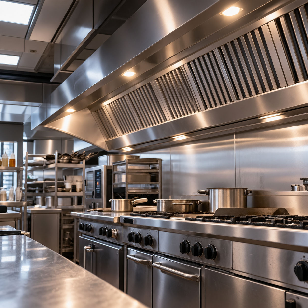 Cuisine professionnelle équipée d’une grande hotte d’extraction en inox au-dessus de la zone de cuisson.
