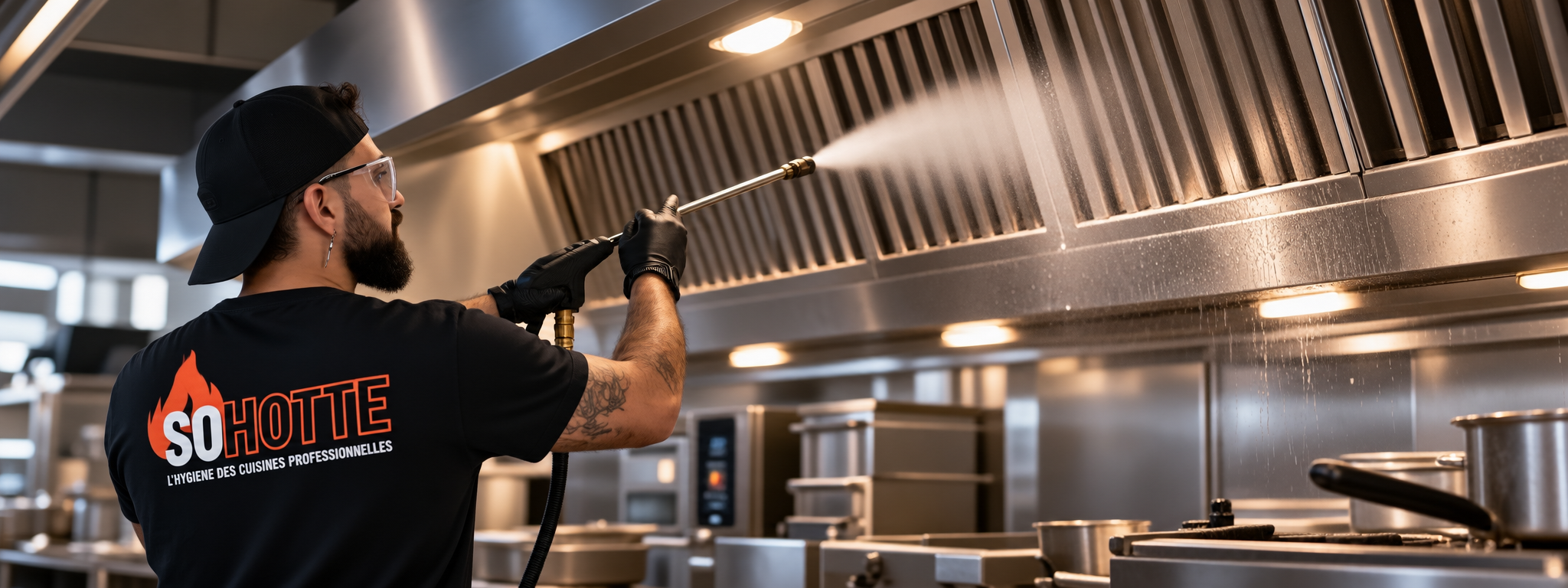 Technicien SO HOTTE réalisant le nettoyage et le dégraissage d’une hotte de cuisine professionnelle.