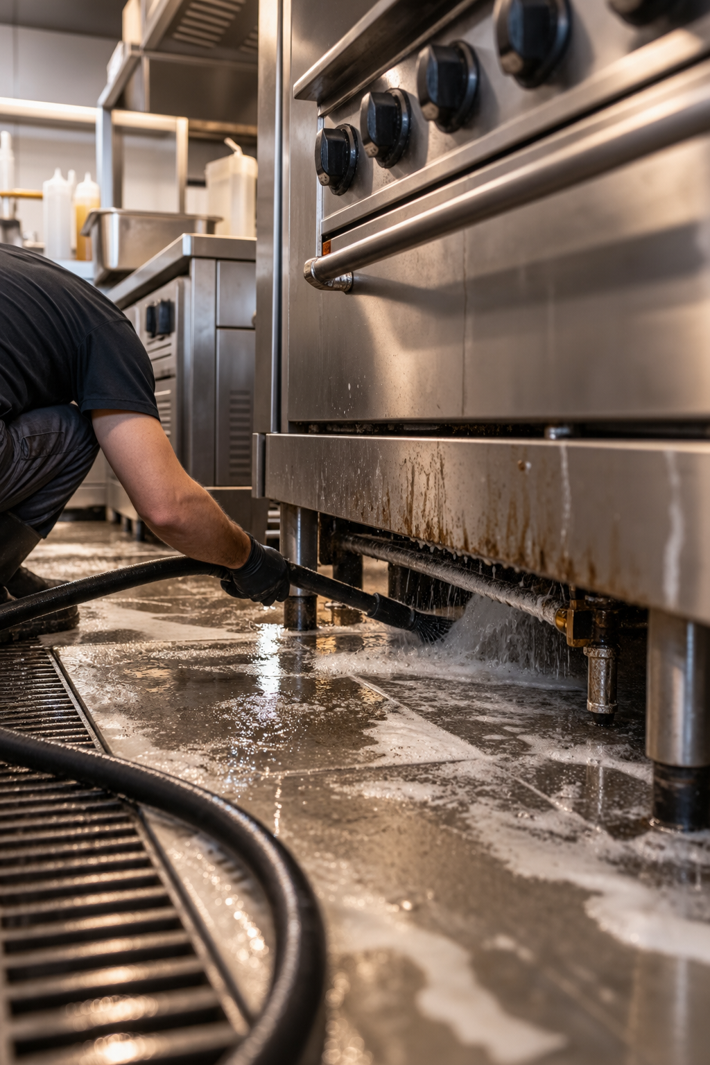 Nettoyage du sol et des équipements en inox d’une cuisine professionnelle.