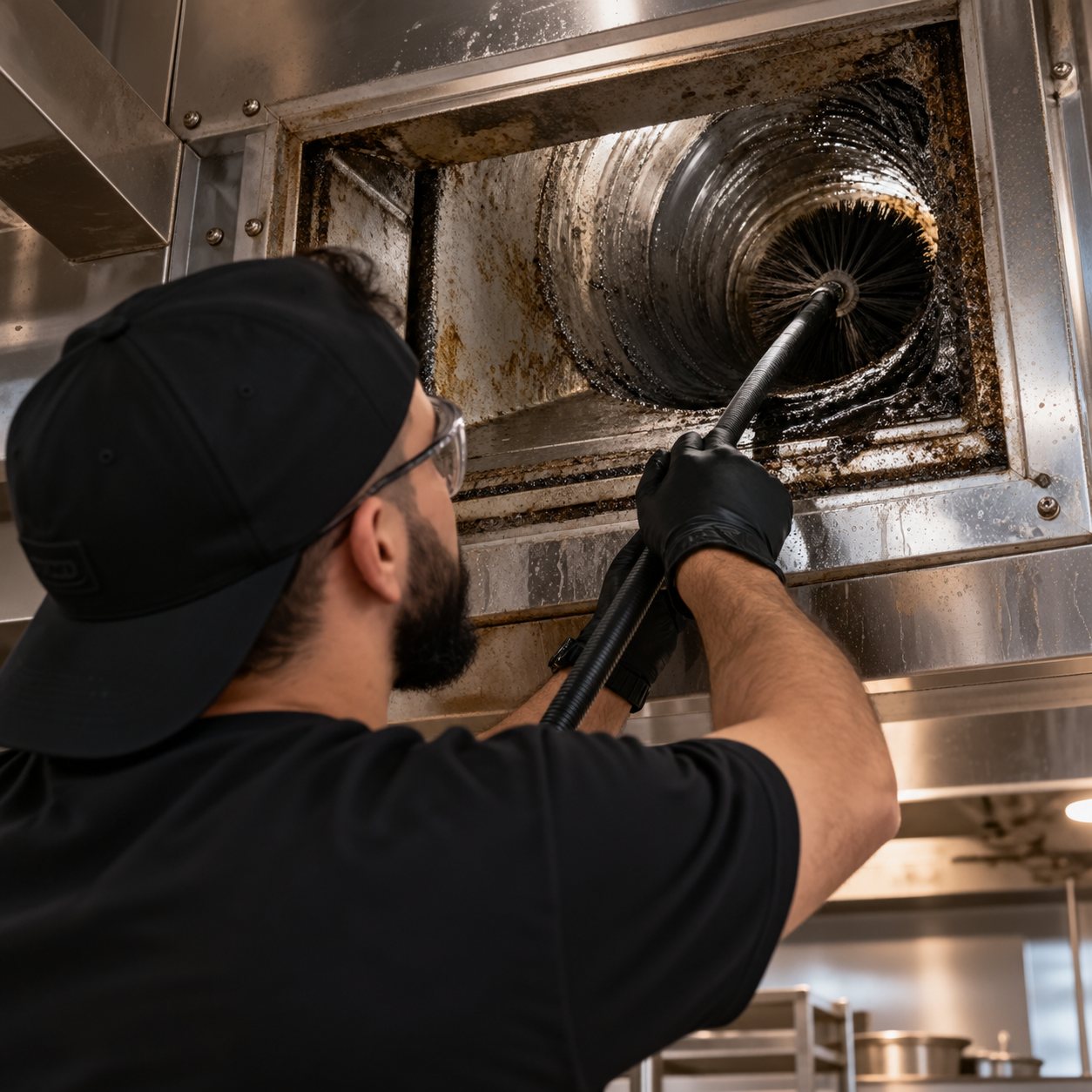 Nettoyage en profondeur d’une hotte et de son système d’extraction dans une cuisine professionnelle.