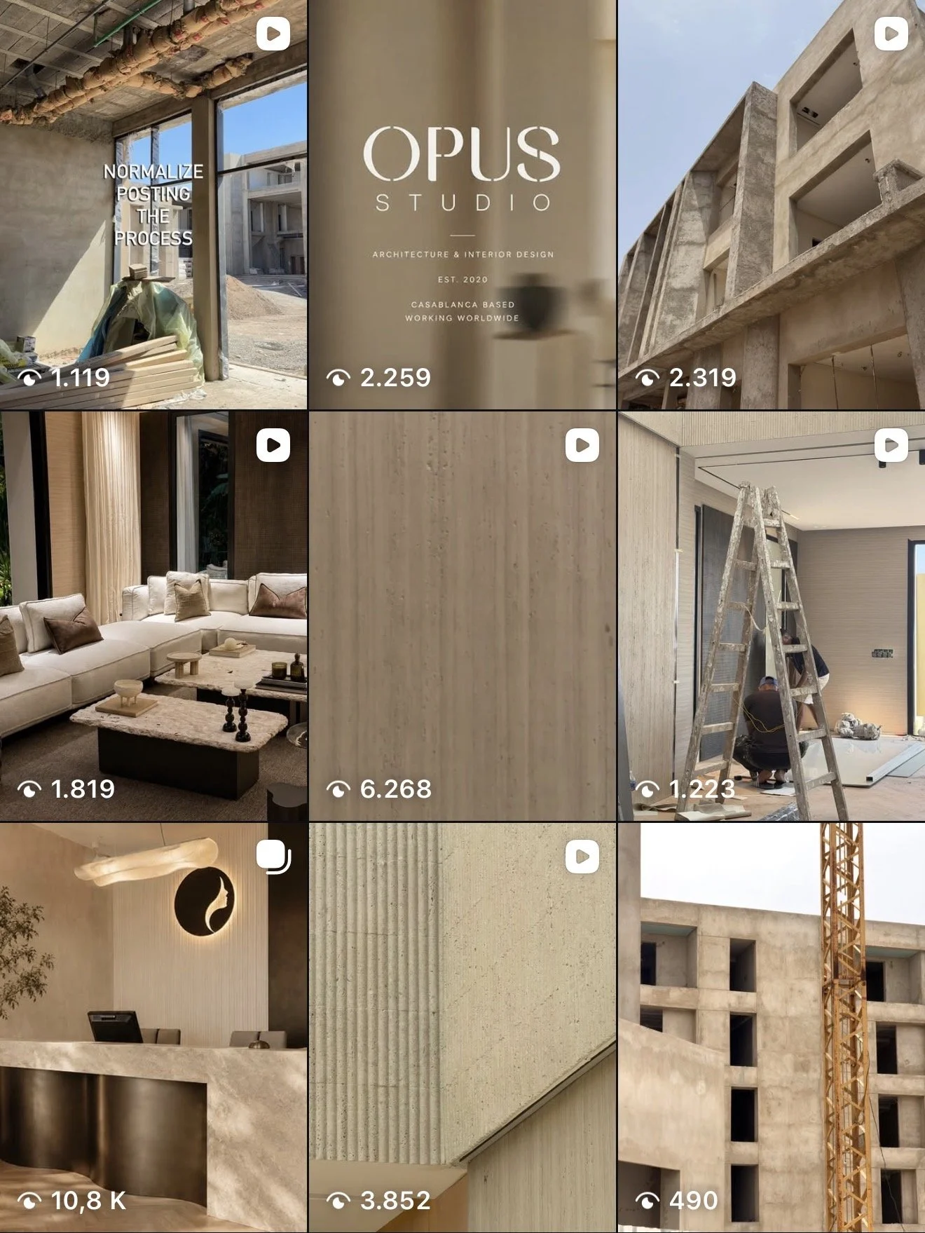 Collage de photos illustrant le processus de construction et de décoration intérieure d'un bâtiment, avec des images de travaux en cours, d'intérieurs modernes, de matériaux de finition, et d'une structure en béton en construction.