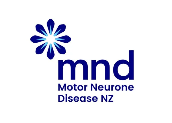 Logo for Motor Neurone Disease NZ, featuring a blue stylized flower and the text 'mnd Motor Neurone Disease NZ' in blue.