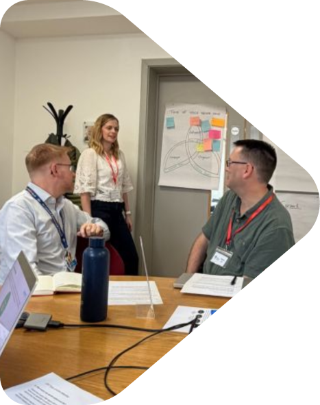 Three people in a meeting room with a whiteboard and flip chart, engaged in conversation.