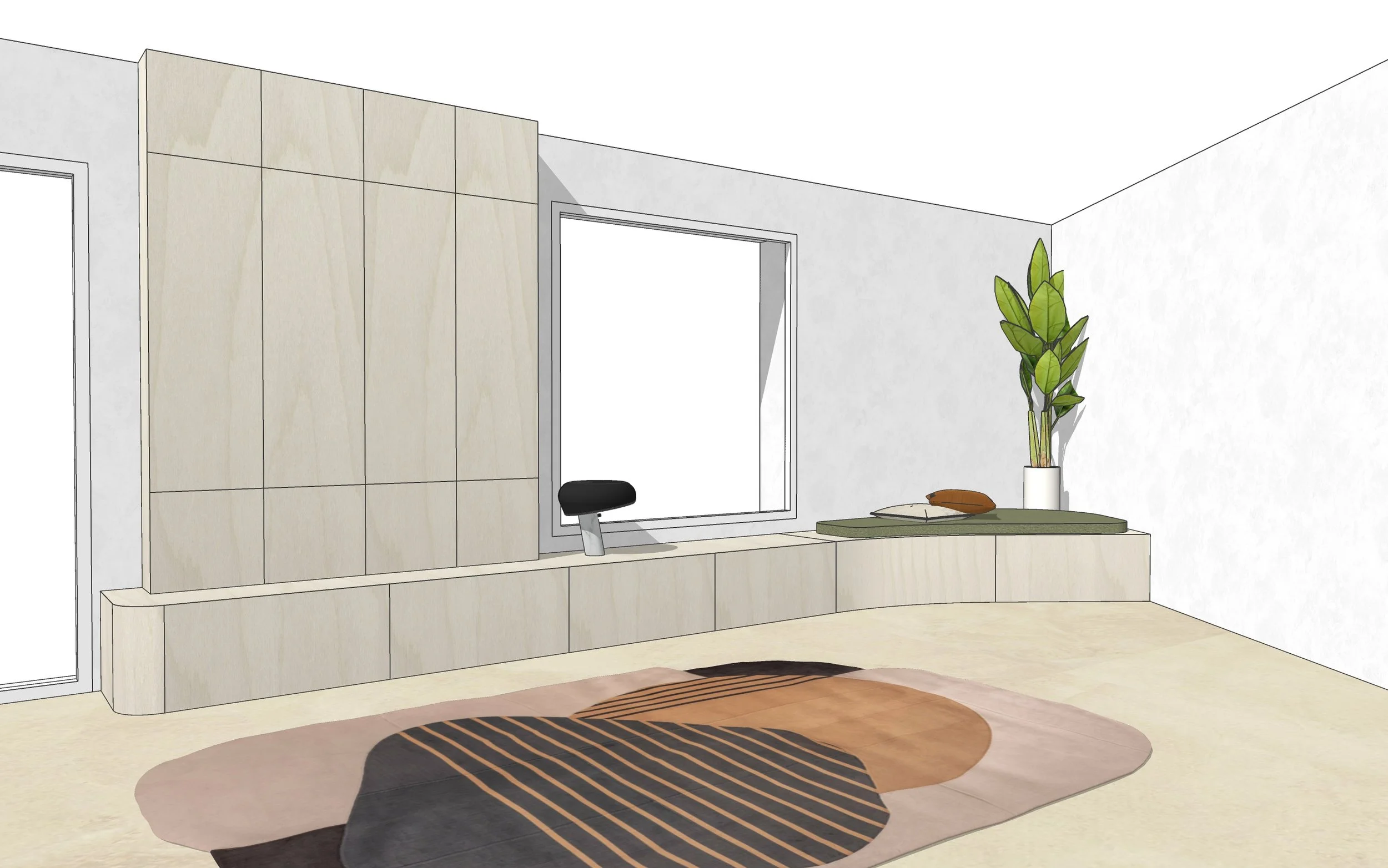 Modèle 3D d'un meuble TV sur mesure en bois pour une maison d'architecte contemporaine.