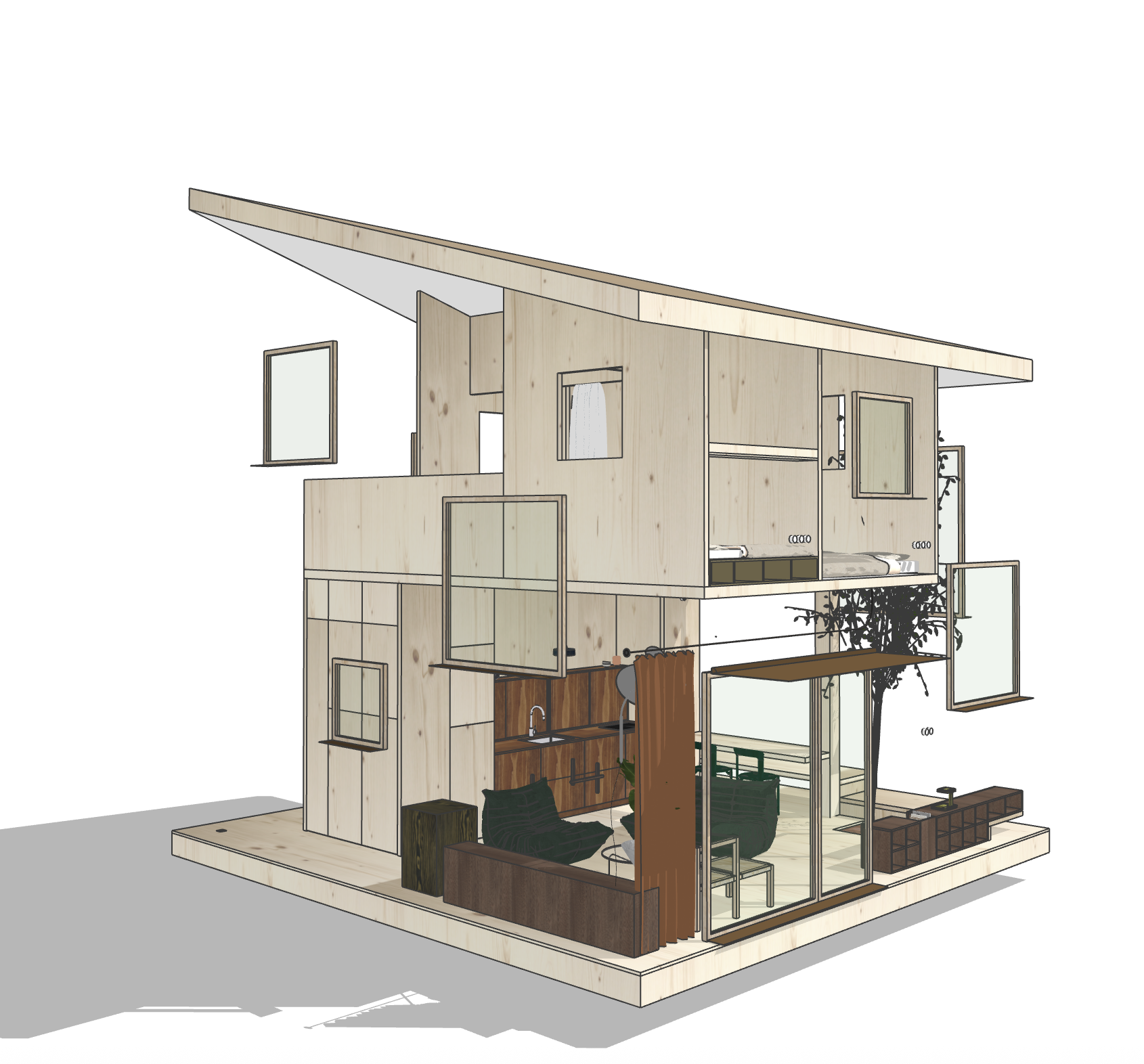 Modèle 3D d'une maison d'architecte en bois  avec de nombreuses ouvertures, affichant un espace de vie aéré et minimaliste.