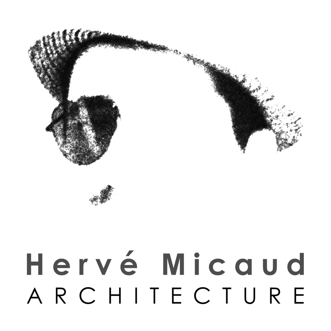Logo noir et blanc d’Hervé Micaud Architecture, représentant un profil humain stylisé avec une forme architecturale courbe.