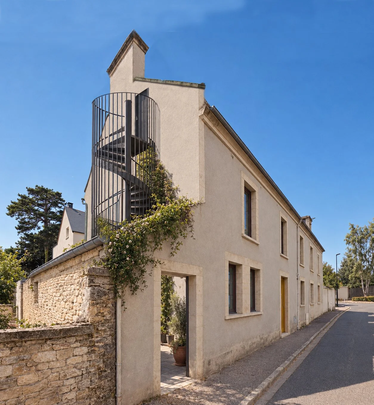 la façade côté rue et son pignon réadapté