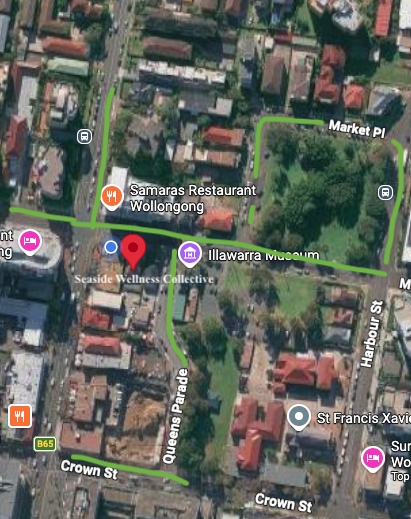 Map showing streets and landmarks including Samaras Restaurant Wollongong, Illawarra Museum, Seaside Wellness Collective, and St. Francis Xavier School in Wollongong, Australia.