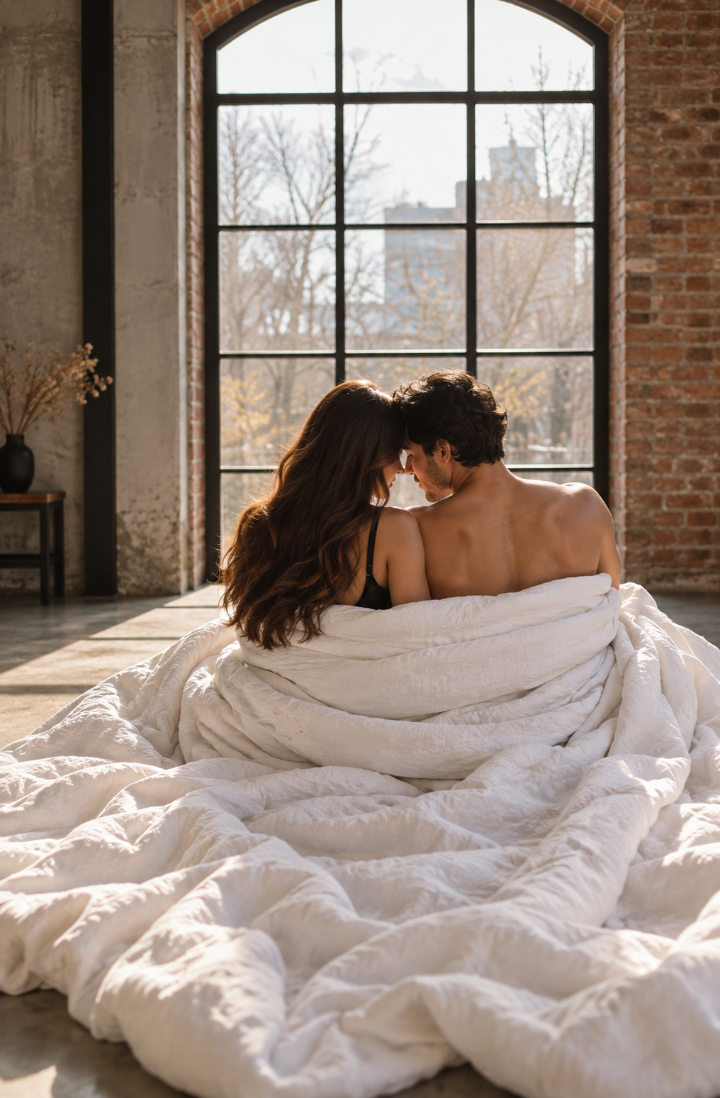 Couples boudoir session with a couple wrapped in a white duvet by a large window