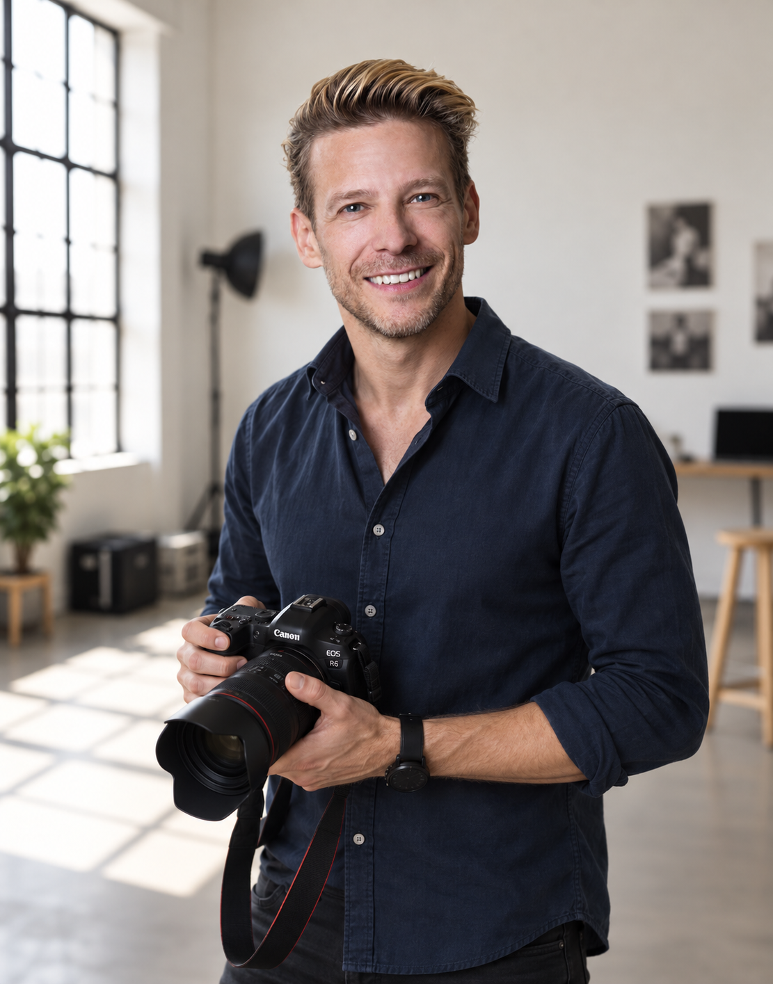 Lennart Knab, boudoir photographer in Antwerp, holding his camera in his studio