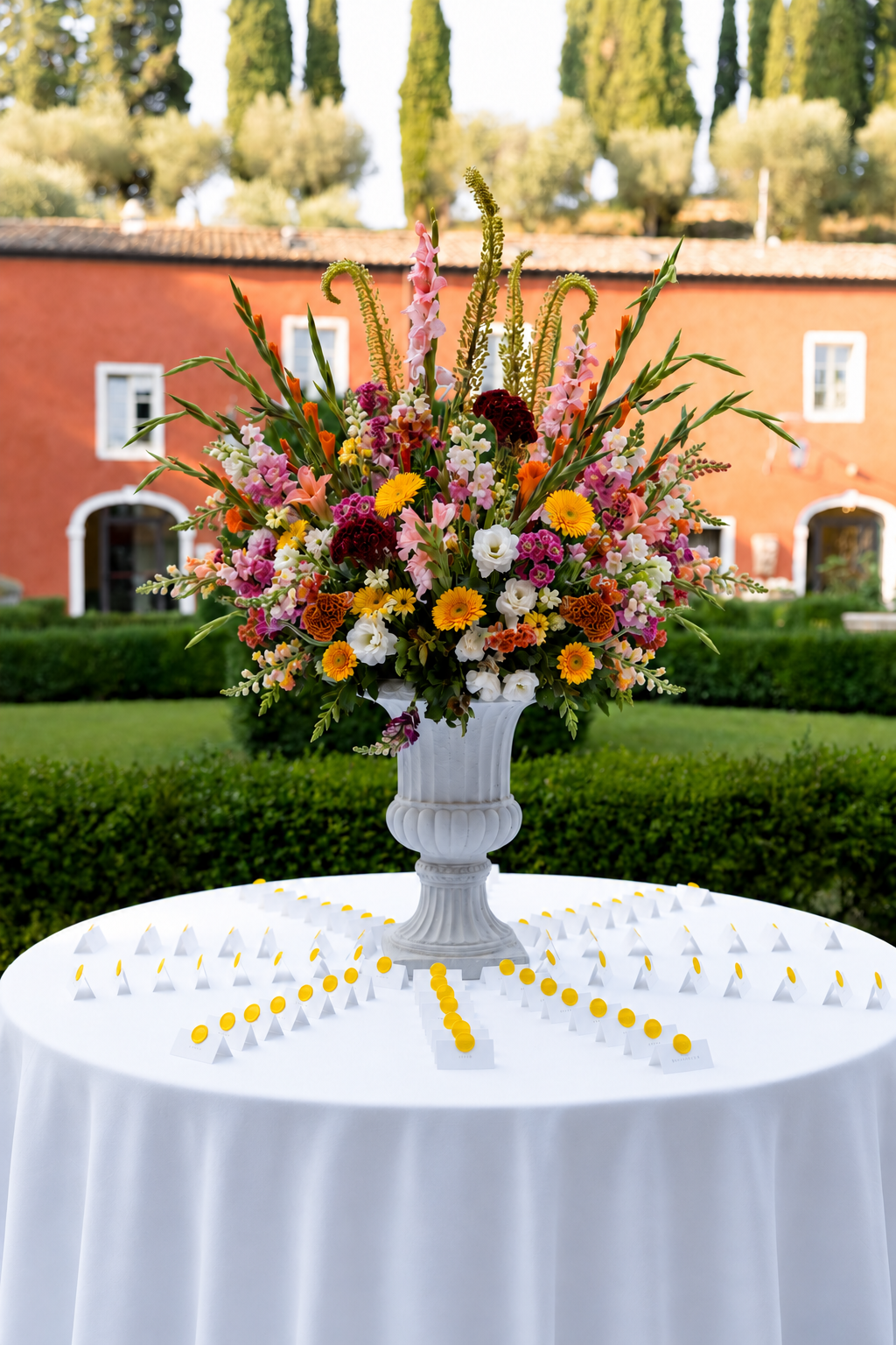 Blumenstrauß in einer weißen Vase auf einem Tisch mit Namensschildchen, vor einem roten Gebäude im Freien.