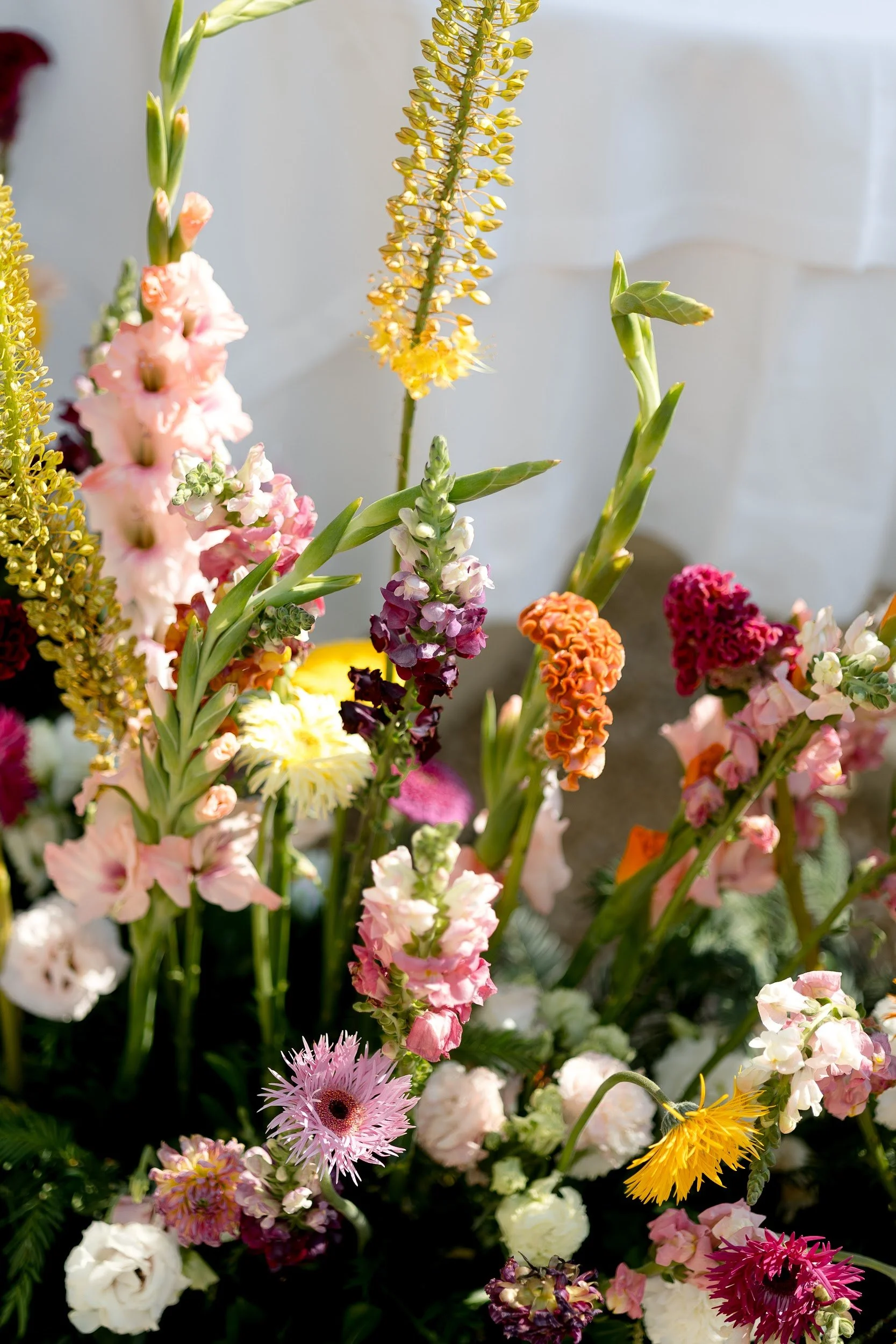 Bunte Blumenarrangement mit verschiedenen sorten und Farben von Blumen, darunter Gladiolen, Gerbera, Schleierkraut und andere botansiche Blumen, vor hellem Hintergrund.
