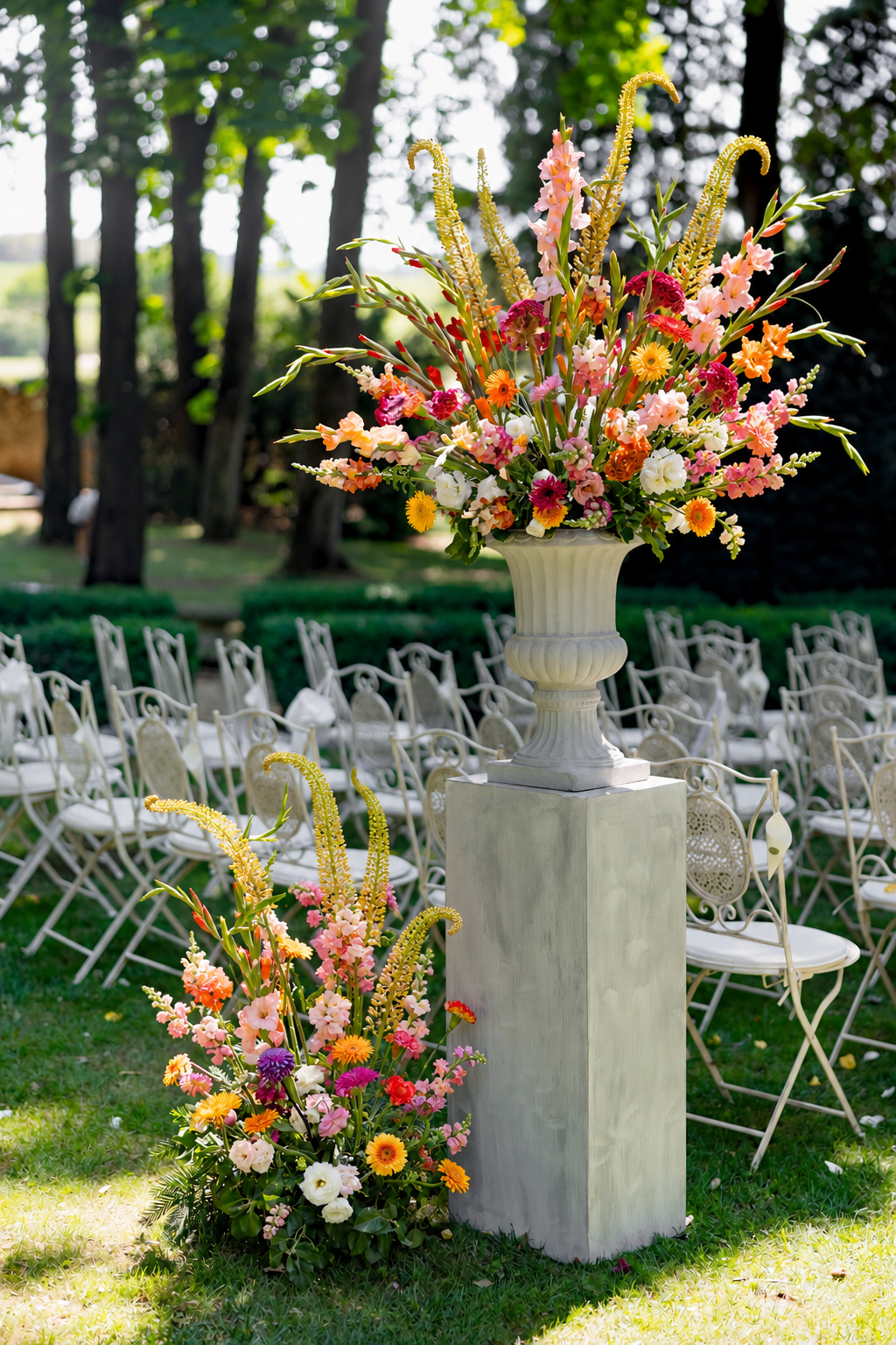 Blumenarrangement mit bunten Blumen auf einer weißen Säule bei einer Gartenhochzeit