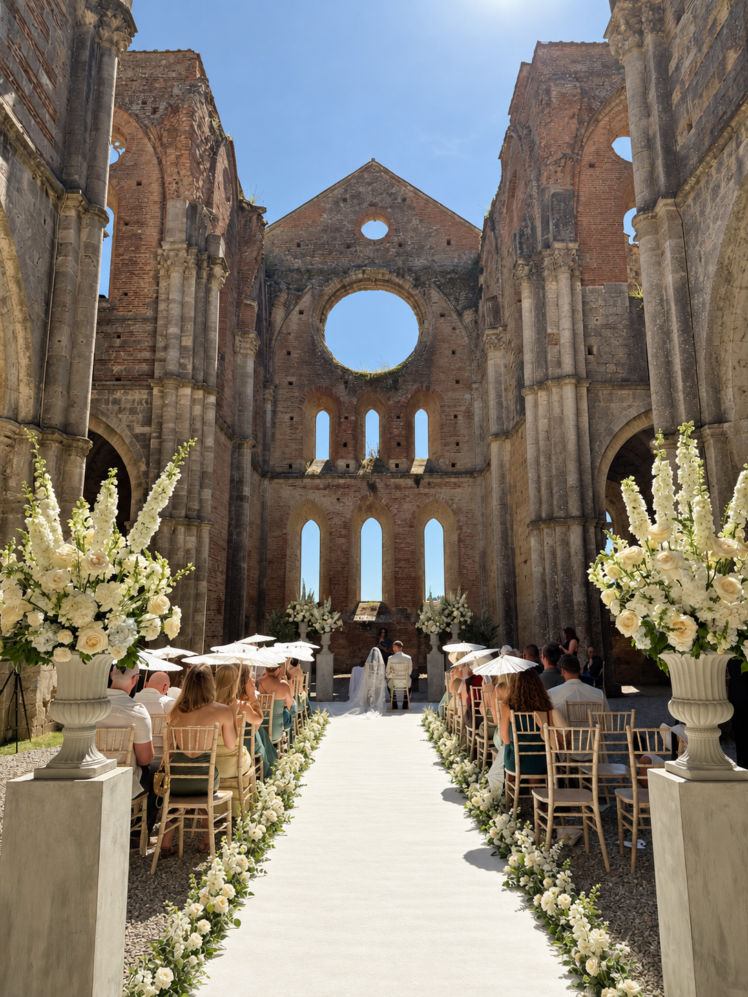 Eine Hochzeitszeremonie in einer alten, zerfallenden Kirche mit weißen Blumen und Sonnenschutz für die Gäste.
