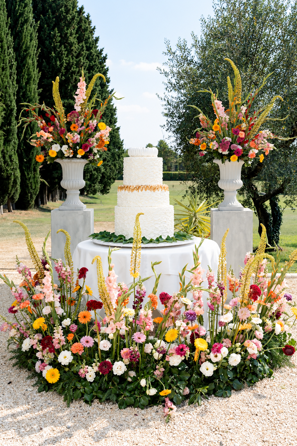 Ein zweistöckiger weißer Hochzeitstorte auf einem runden Tisch, umgeben von bunten Blumen und zwei großen Blumenvasen auf Säulen im Freien.