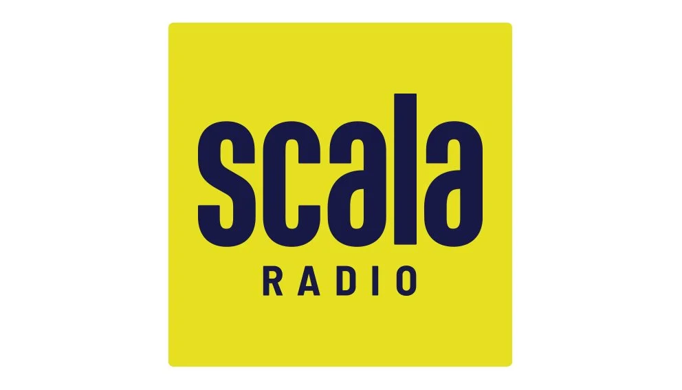 Yellow square background with the words "Scala Radio" in large dark blue letters.