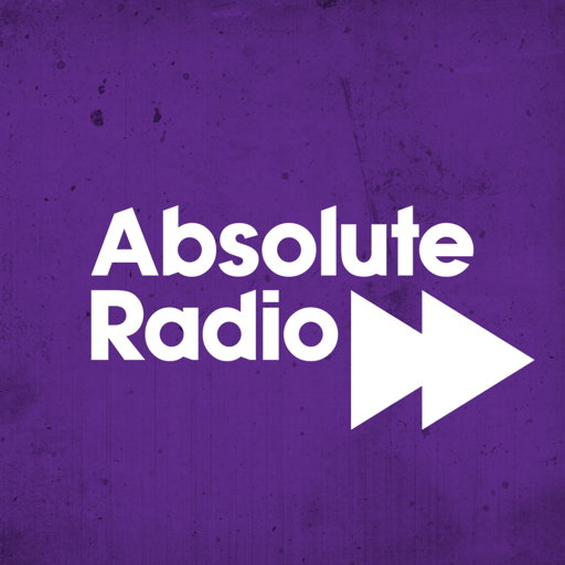 Purple background with white text that says "Absolute Radio" and a white double arrow pointing to the right.