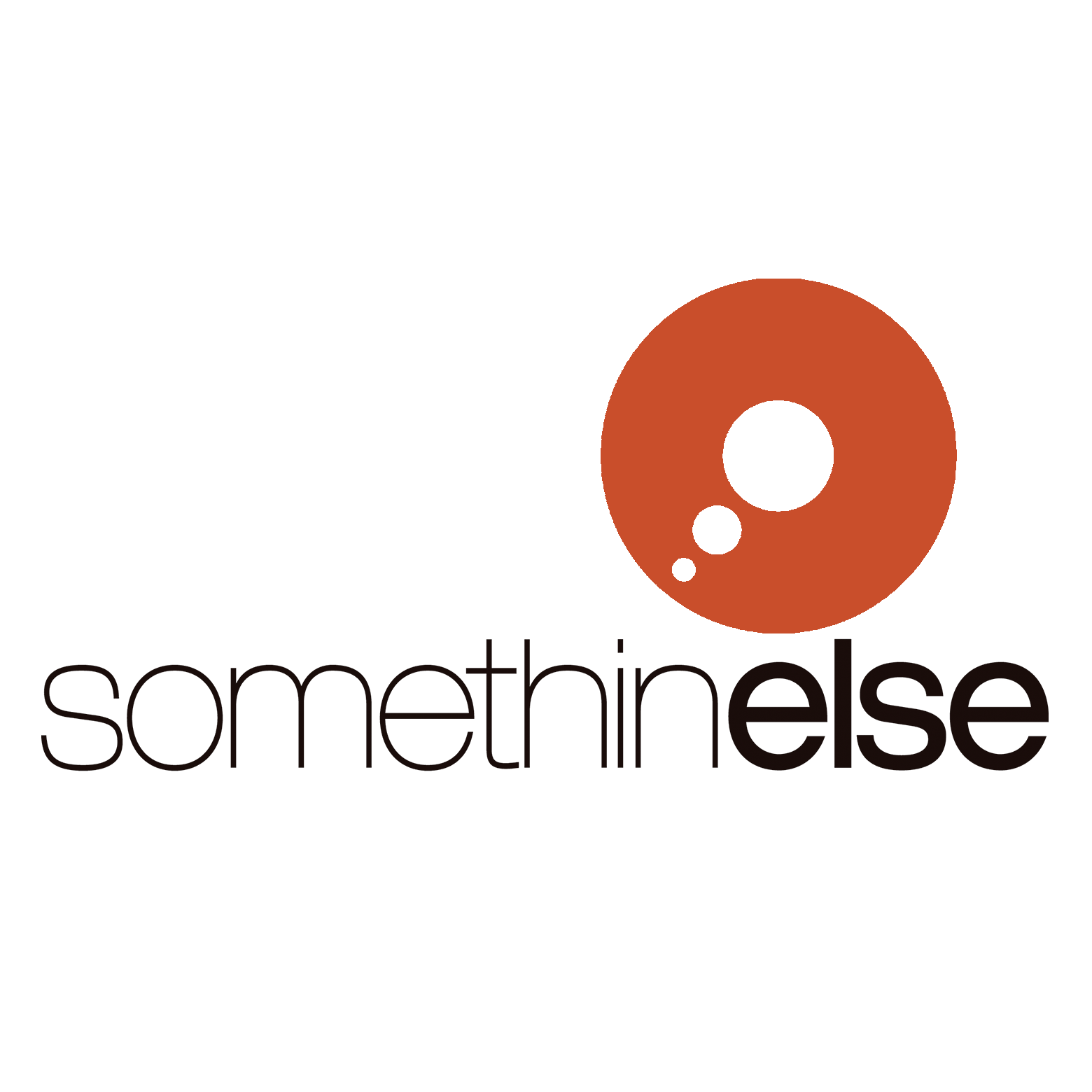A logo with a black background, featuring a stylized orange circle with black dots inside, resembling a planet or a bubble, and the word 'somethingelse' written in lowercase, thin, black font underneath.