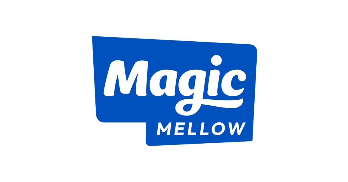 Blue logo with the words "Magic Mellow" in white, stylized text.