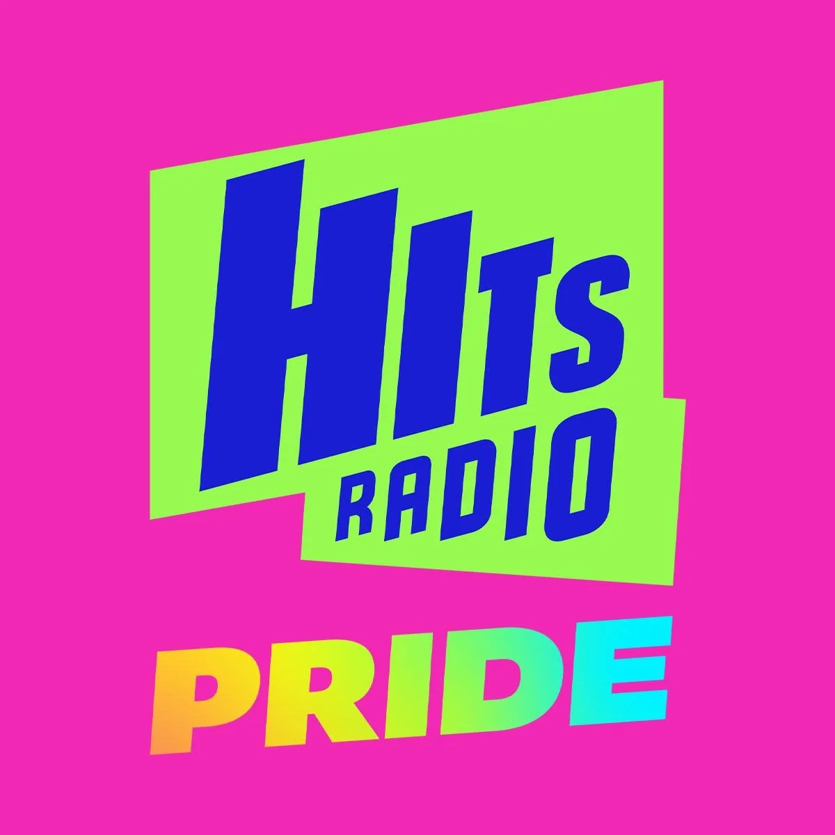 HITS Radio PRIDE logo with colorful text on pink background