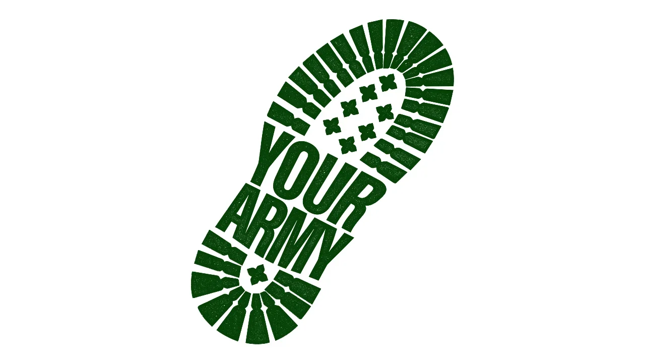 Green footprint with text 'Your Army' inside, resembling a shoe print with military-style design elements.
