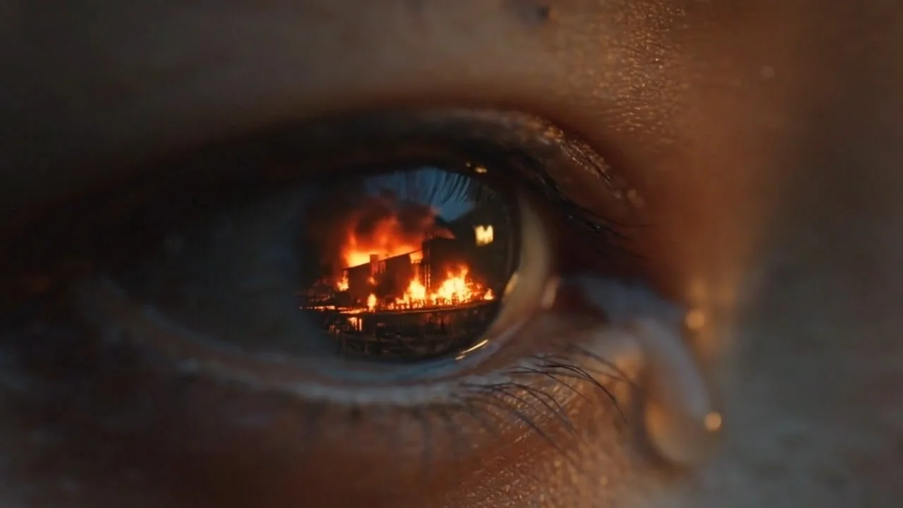 Close-up of a human eye reflecting a burning building and flames.