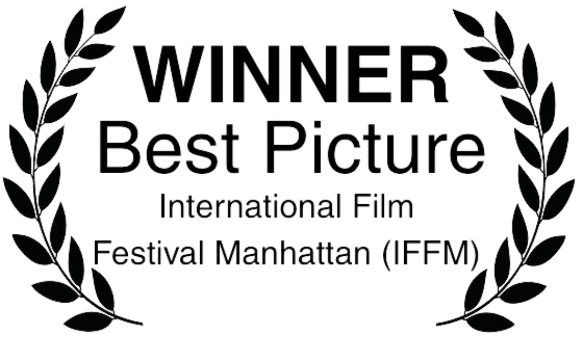 Black and white award badge with laurel wreath, saying 'Winner Best Picture International Film Festival Manhattan (IFFM)'.