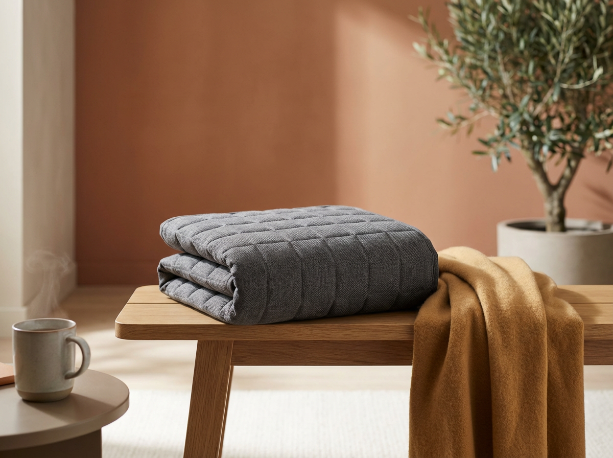 A folded gray quilted blanket and a mustard-colored cloth are on a wooden table. A steaming mug sits on a small round side table nearby. In the background, a potted plant is against a two-tone wall with warm tones.