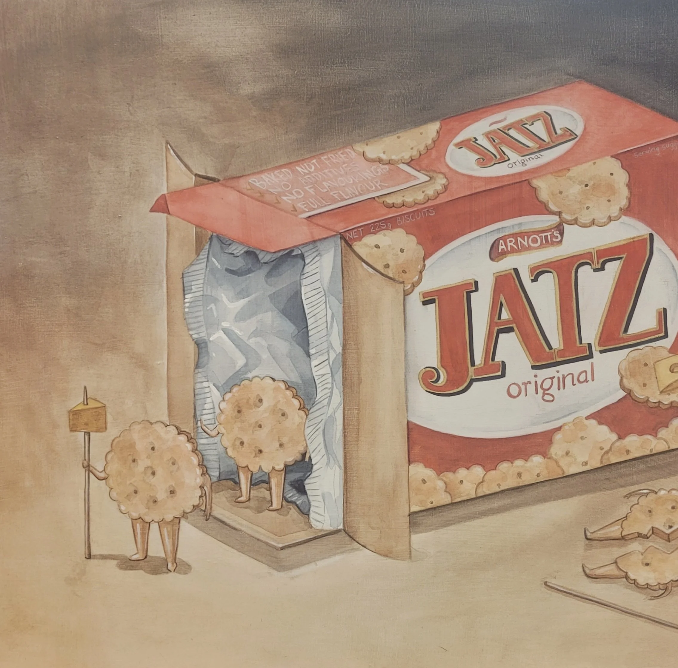 A close-up view of a snack food box for Arnott's Jatz original biscuits, with two biscuit people emerging from the box. One holds a toothpick with a piece of cheese on the end.
