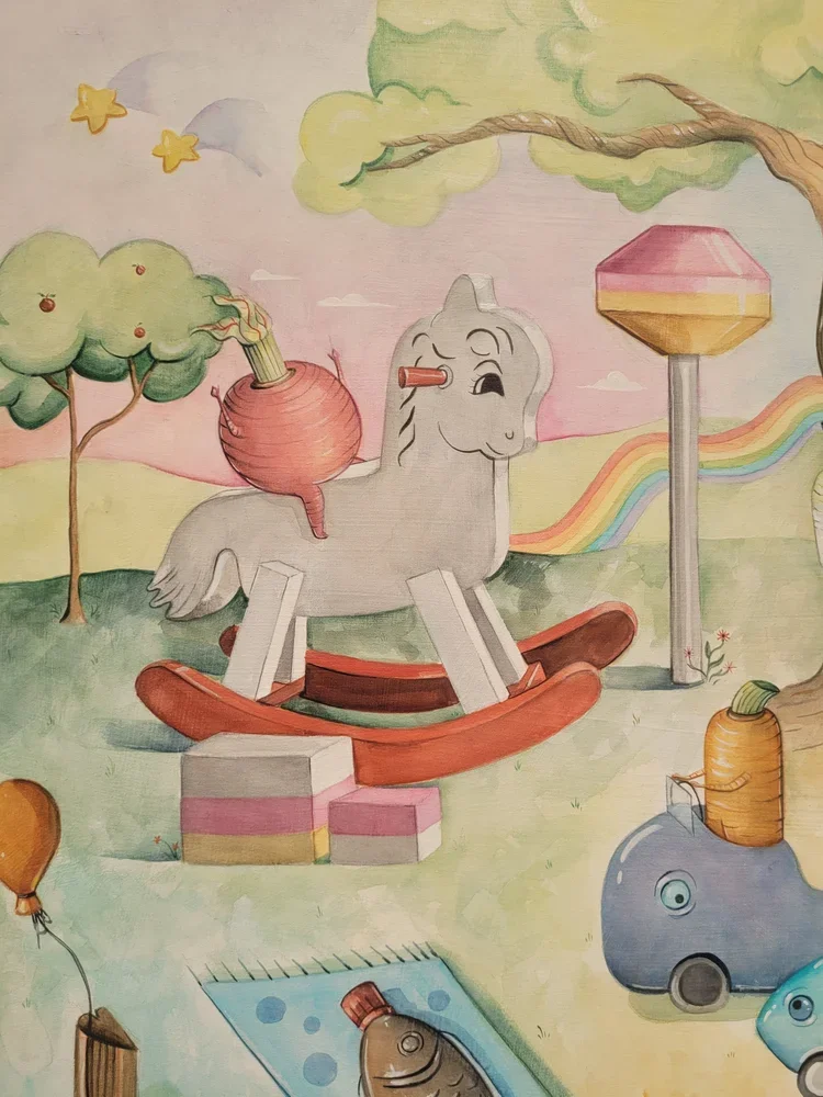 The Garden of Unearthly Delights (close up), watercolour and gouache on panel, 2024.