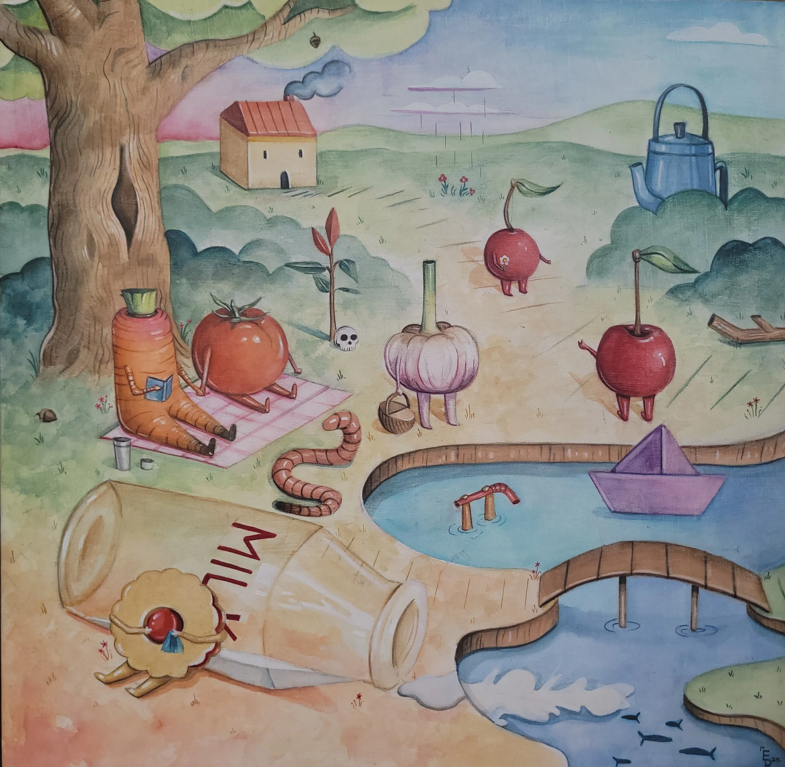 Fine words butter no parsnips, watercolour on panel, 2025