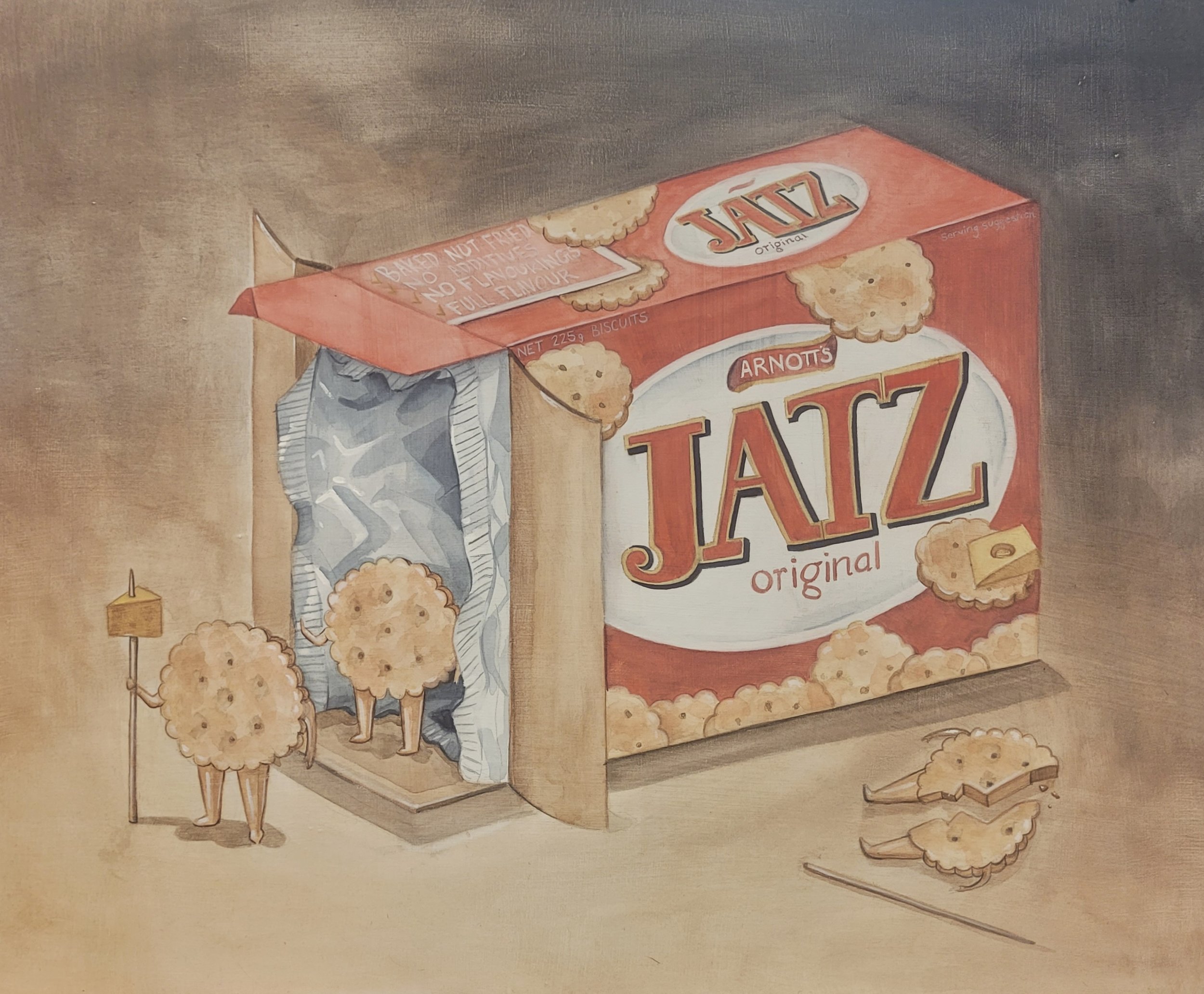 The World is Crackers, watercolour and gouache on panel, 45 x 50cm, 2024.