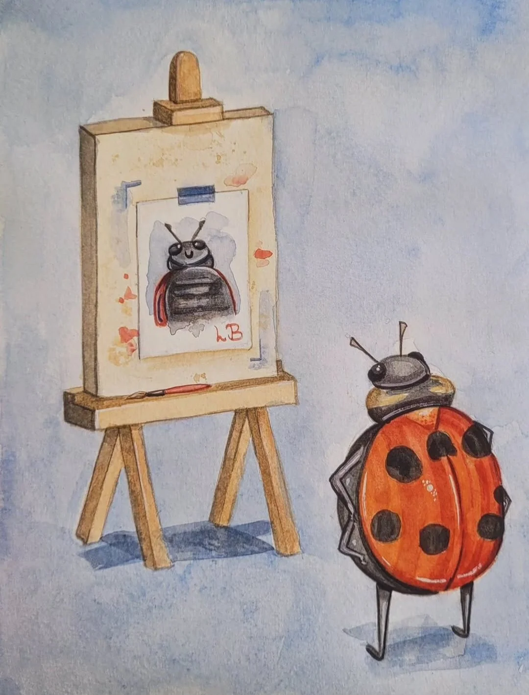 Ladybugs first self portrait, watercolour on paper, 2026.