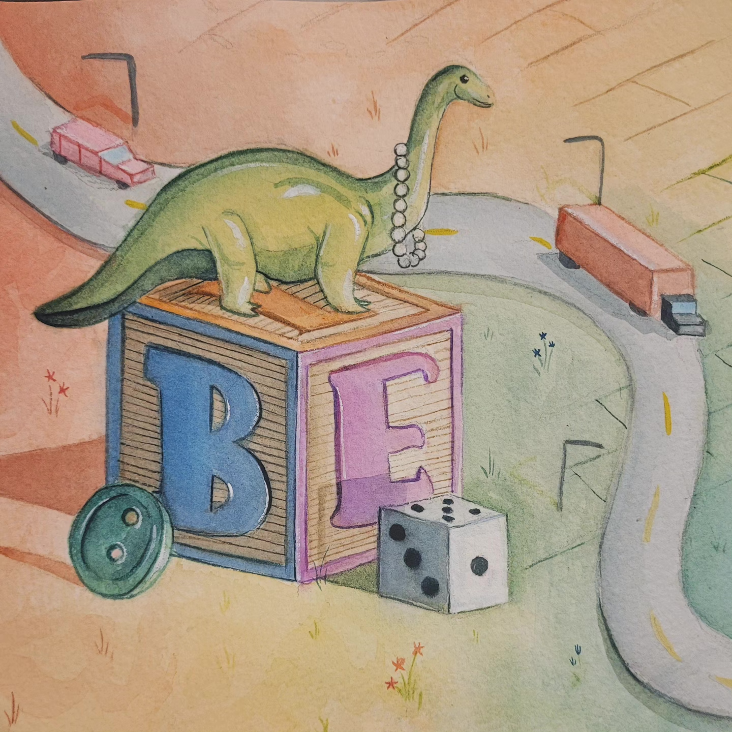 Hoarding Dinosaur, watercolour on paper, 2025