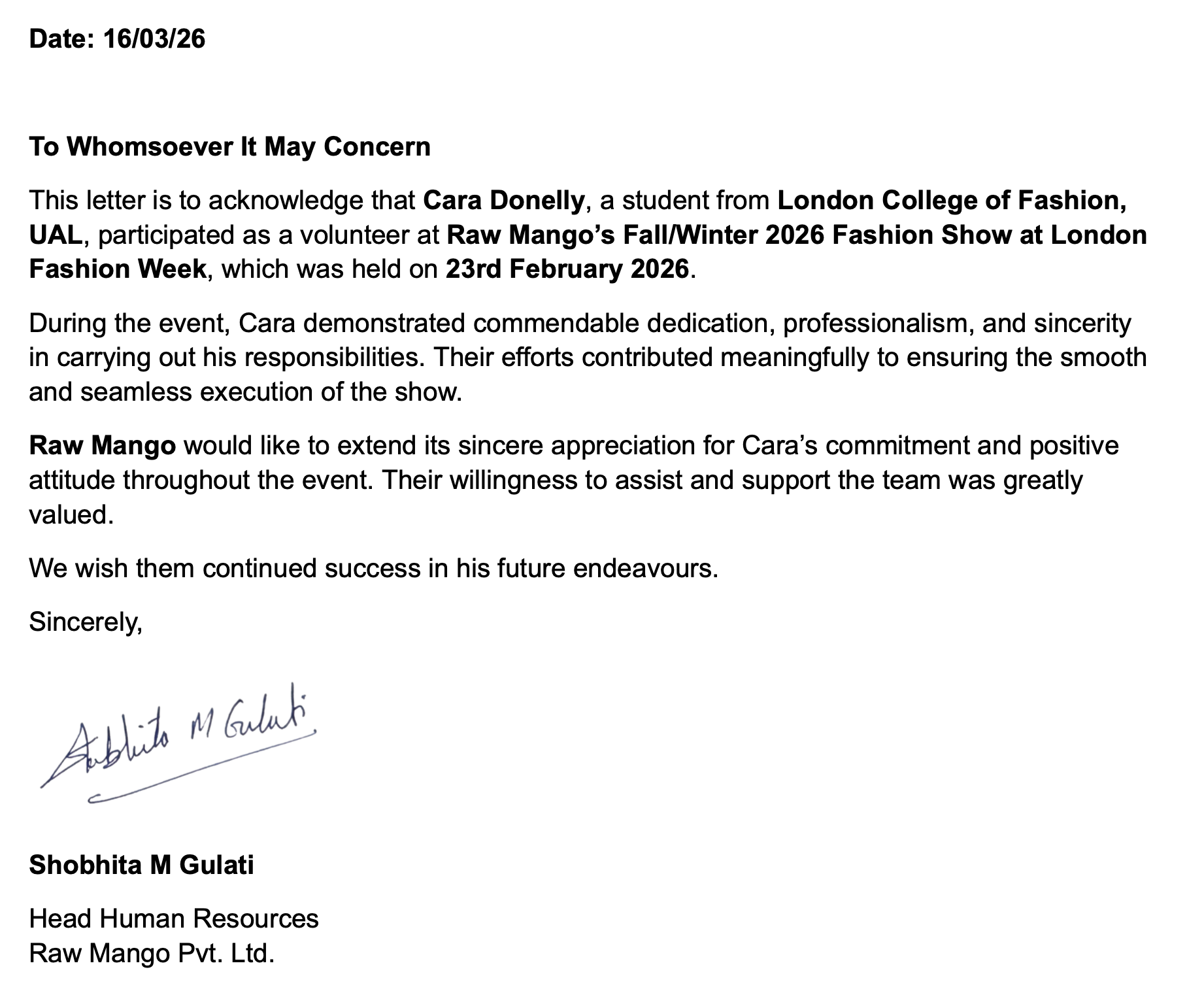 A typed letter with a handwritten signature at the bottom, dated 16/03/26, addressed to Raw Mango from Shobhita M Gulati, Head of Human Resources.