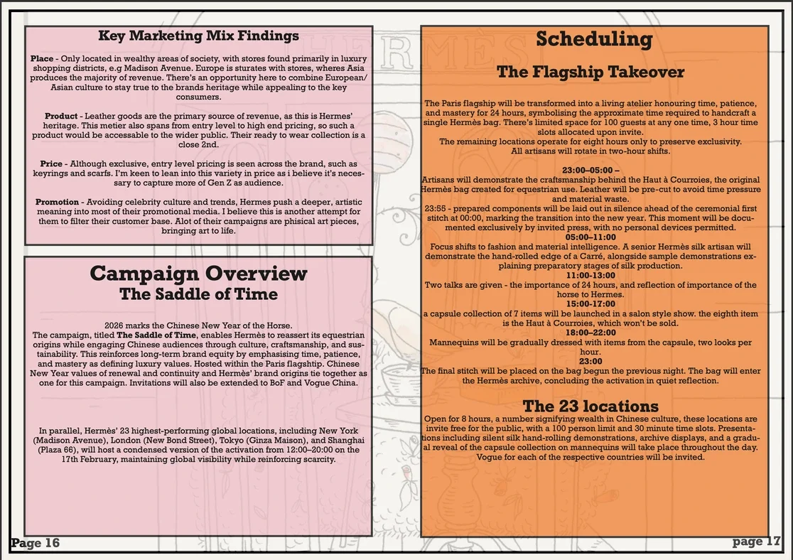 Page layout with two sections. The left section titled 'Key Marketing Mix Findings' in pink discusses place, product, price, and promotion. The right section titled 'Scheduling The Flagship Takeover' in orange details event schedule from 23:00 to 23:00, including various activities and locations, with a subheading 'The 23 locations' describing open hours and exhibit details.