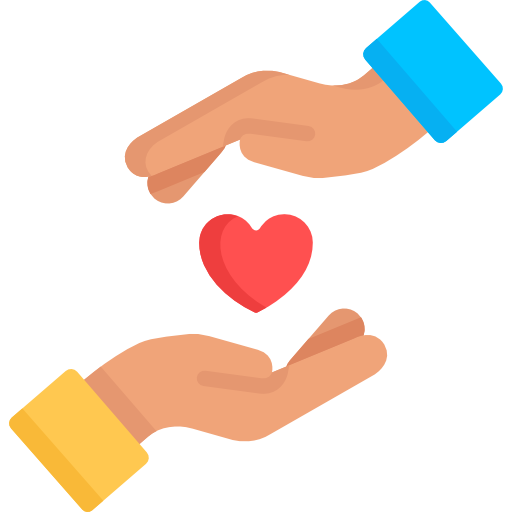 Two hands exchanging a red heart, symbolizing giving or sharing love and care.