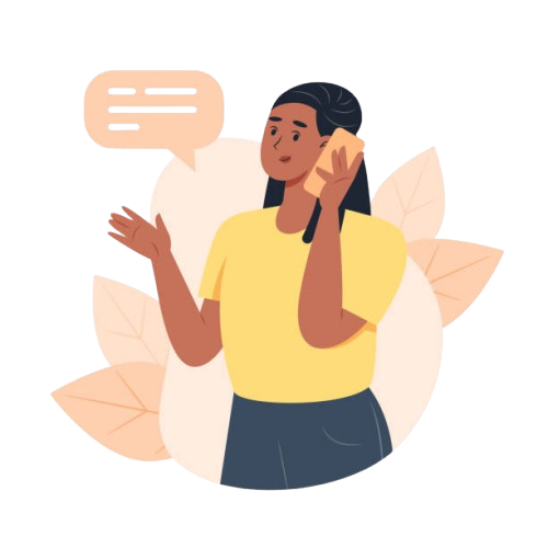 Illustration of a woman talking on a landline phone with a speech bubble, wearing a yellow shirt and dark pants, surrounded by abstract leaves.